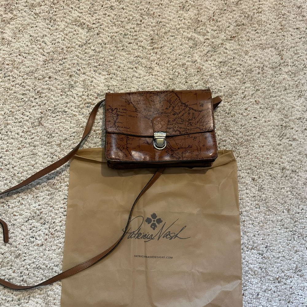 Patricia Nash Tan Leather Map Print Bag